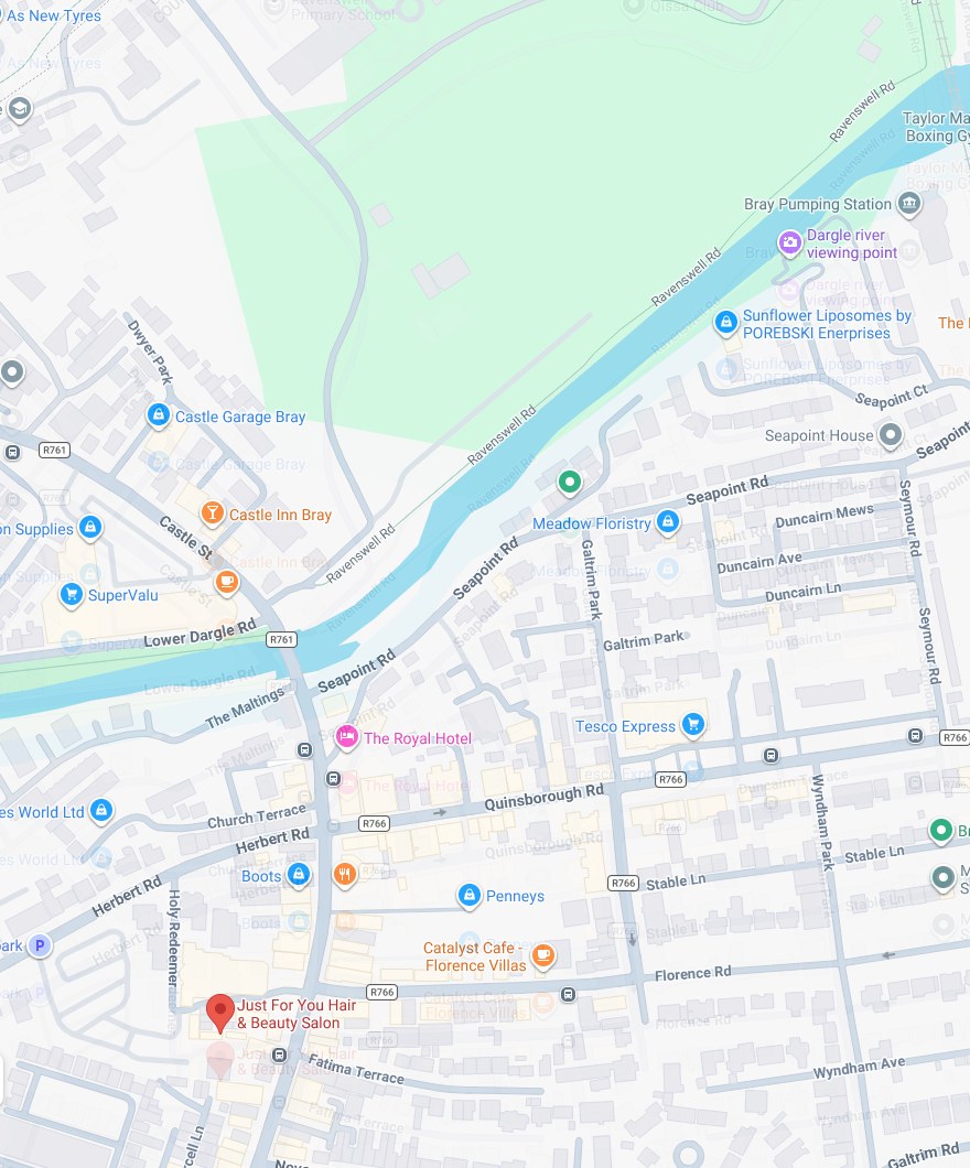 Google Map pin for Just For You Hair & Beauty Salon in Village Gate Arcade, Bray town centre